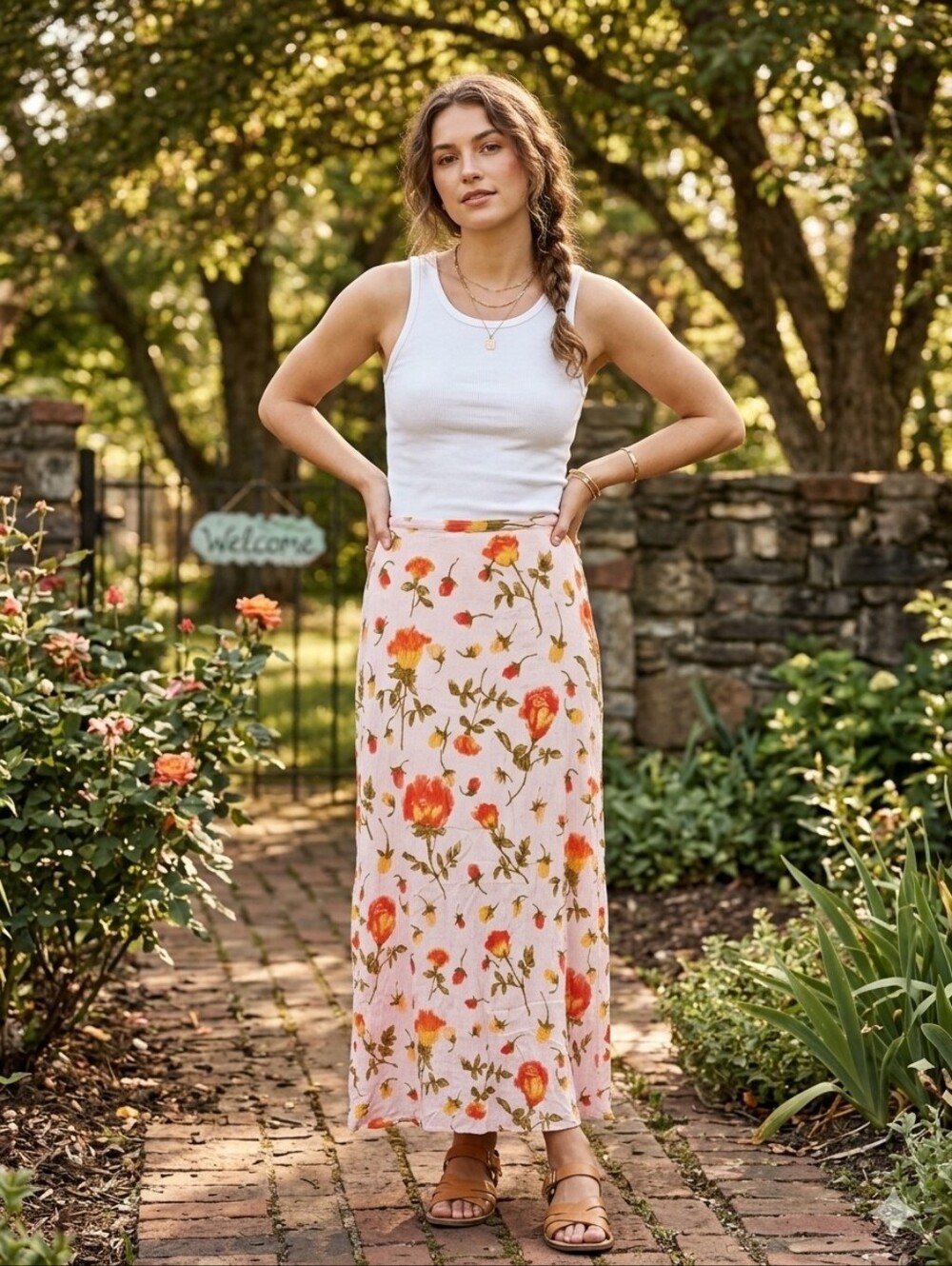 Vintage 90s Express Marque Deposee Floral Maxi Skirt Pink Orange Cottagecore